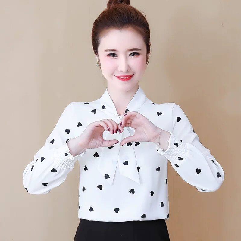 2022 New Ladies Chiffon Shirt Korean Version Fashion Loose Long Sleeve Shirt All-match Temperament Printed Lace-up Casual Shirt Blouses