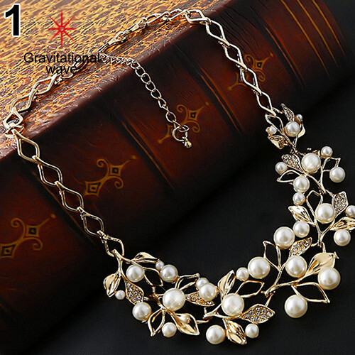 Gravitational wave Women's Luxury Choker Faux Pearl Leaf Hollow Short Chain Necklace Jewelry