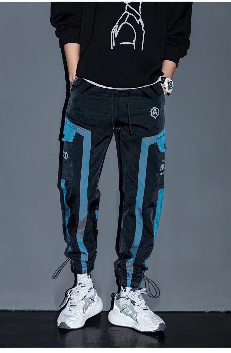 Mark BElt Laser Reflective Cargo Pants Men's Trendy Loose Multi-pocket Drawstring Overalls Spring and Autumn Casual Trousers