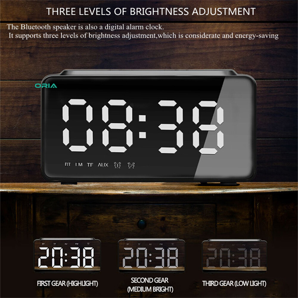 Oria đồng hồ gương kỹ thuật số fm loa Bluetooth đồng hồ âm nhạc sạc có đèn nền, 3 mức độ sáng, 2 chế độ phát lại, micrô, chức năng rảnh tay cho đồ trang trí văn phòng phòng ngủ gia đình