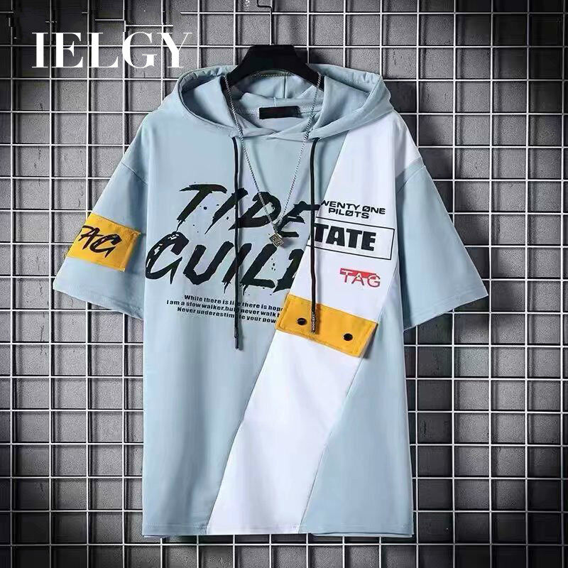 IELGY Summer men's short-sleeved t-shirt hip-hop tide brand hooded stitching five-point sleeve top trend wild hooded half-sleeved