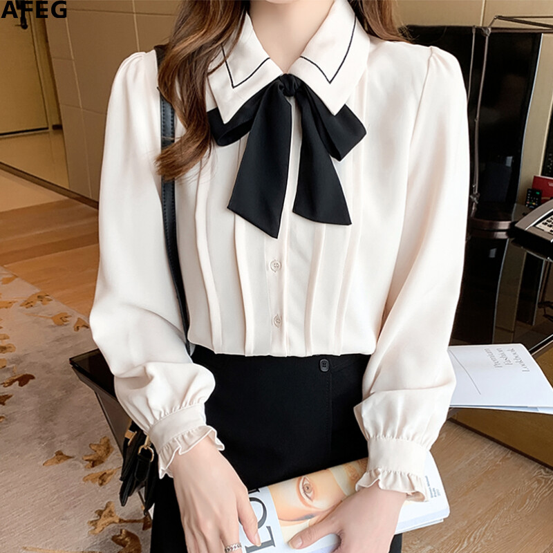 AFEG new Korean style bowknot fashion all-match chiffon long-sleeved blouse for women