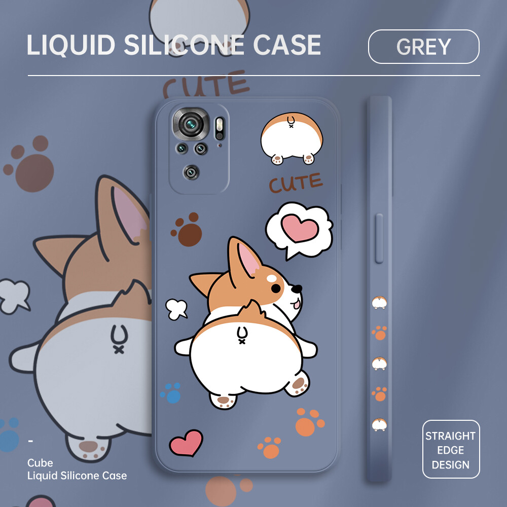 Jizetin Phone Case For Xiaomi Poco M5s Redmi Note 10 4G Note 10 5G Note10 Pro Note 10S Cute Cartoon Welsh Corgi Pembroke Dog Footprint Design Square Edge Pattern Liquid Silicone Casing Full Cover Camera Case