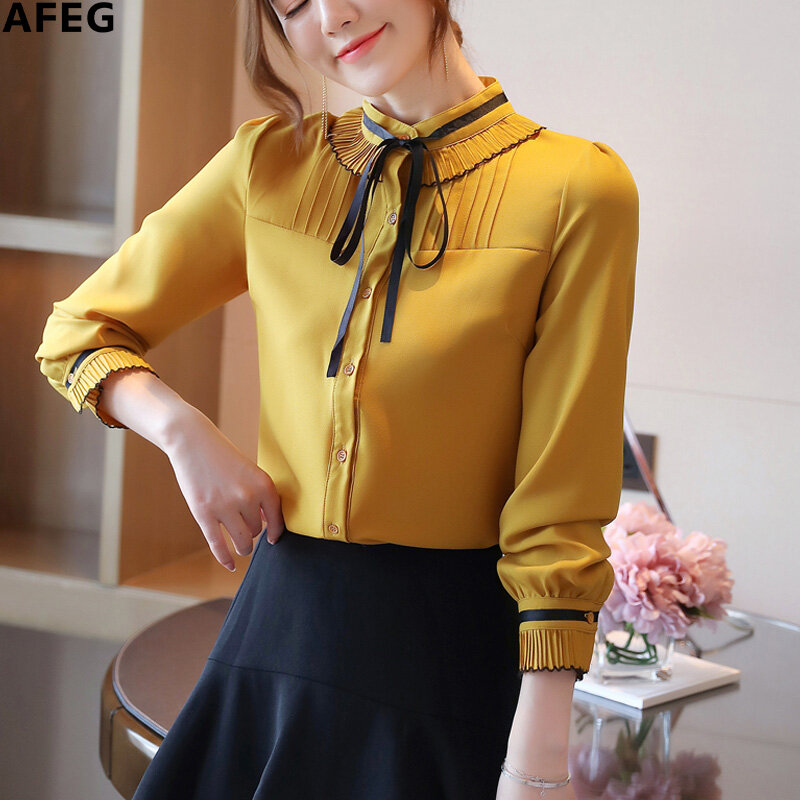 AFEG new Korean round neck bowknot fashion loose wild temperament chiffon long-sleeved blouse