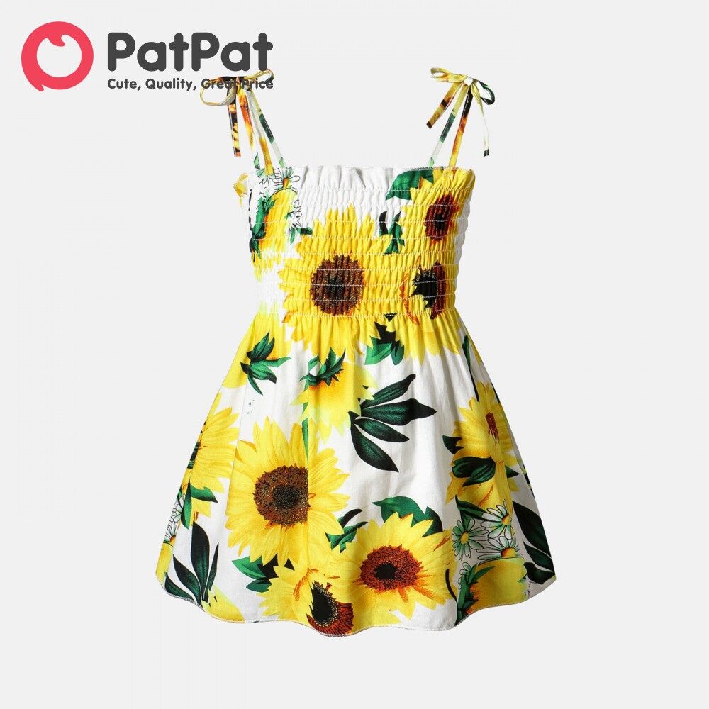 PatPat Baby Girl 100% Cotton Allover Sunflower Print Shirred Cami Dress