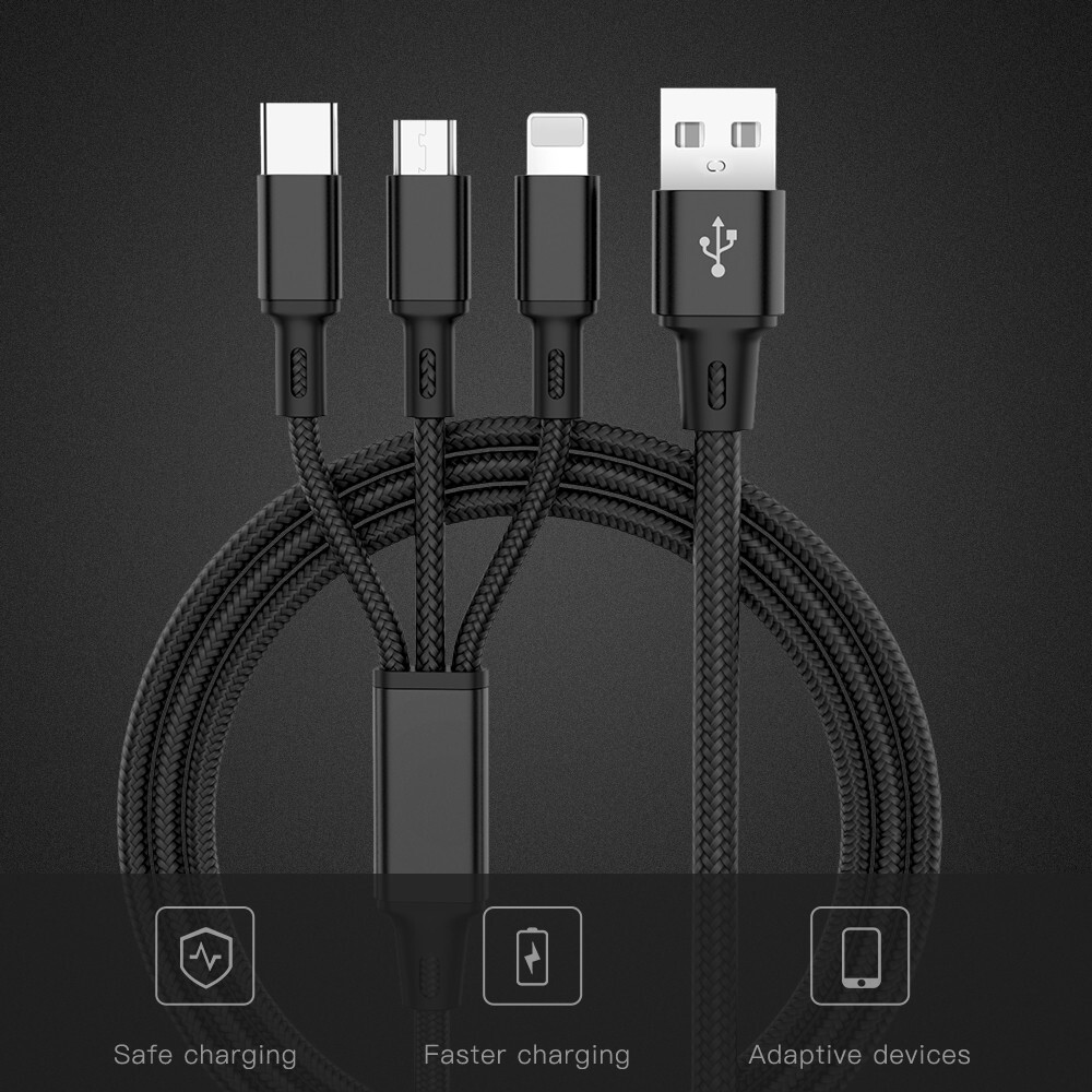 BOKEWU 3 In 1 USB Cable 8 Pin Micro USB Type C Fast Charging Cable for Android iPhone