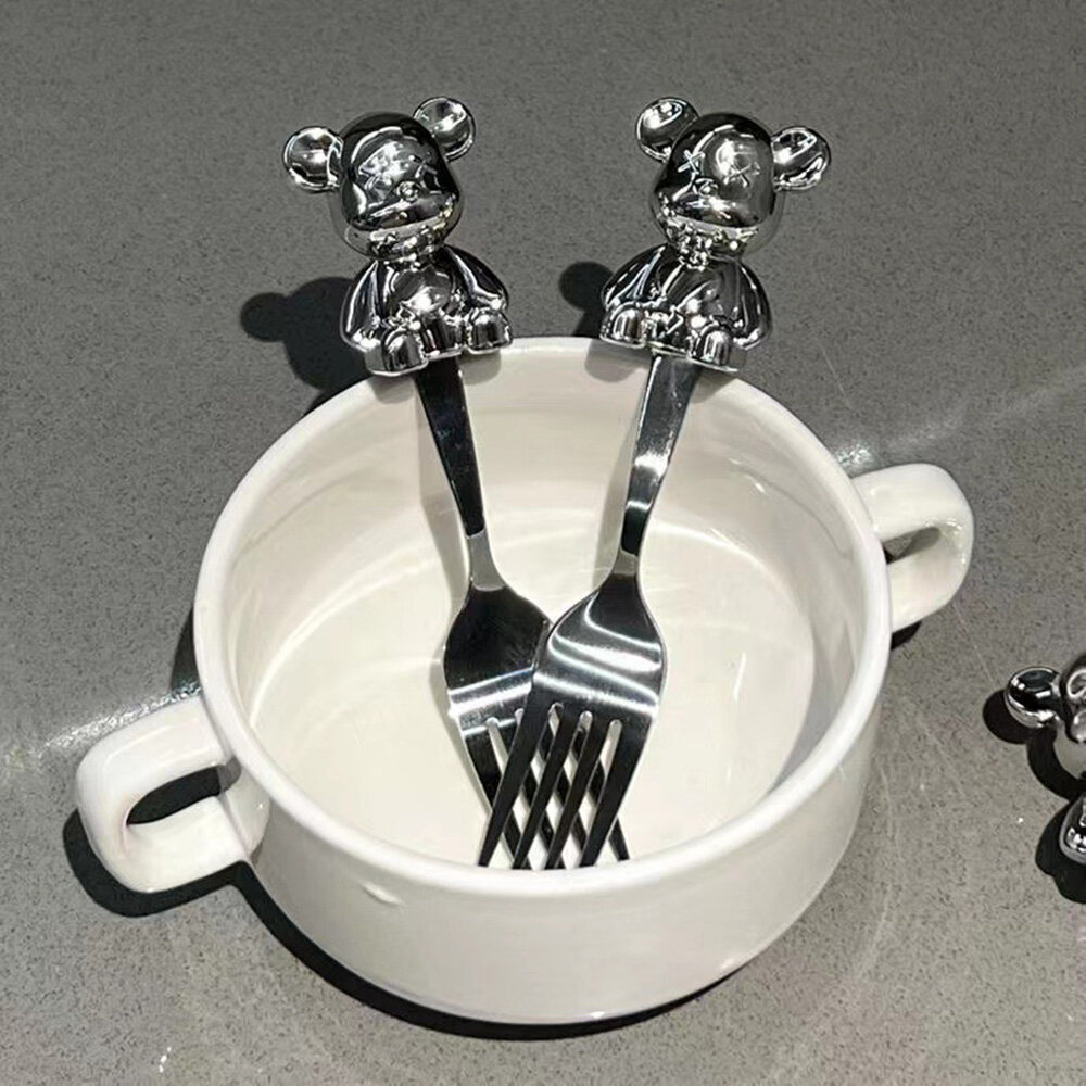 【Ready Stock】Cartoon Bear Fork Spoon Set Stainless Steel Fruit Fork Watermelon Spoon Tableware
