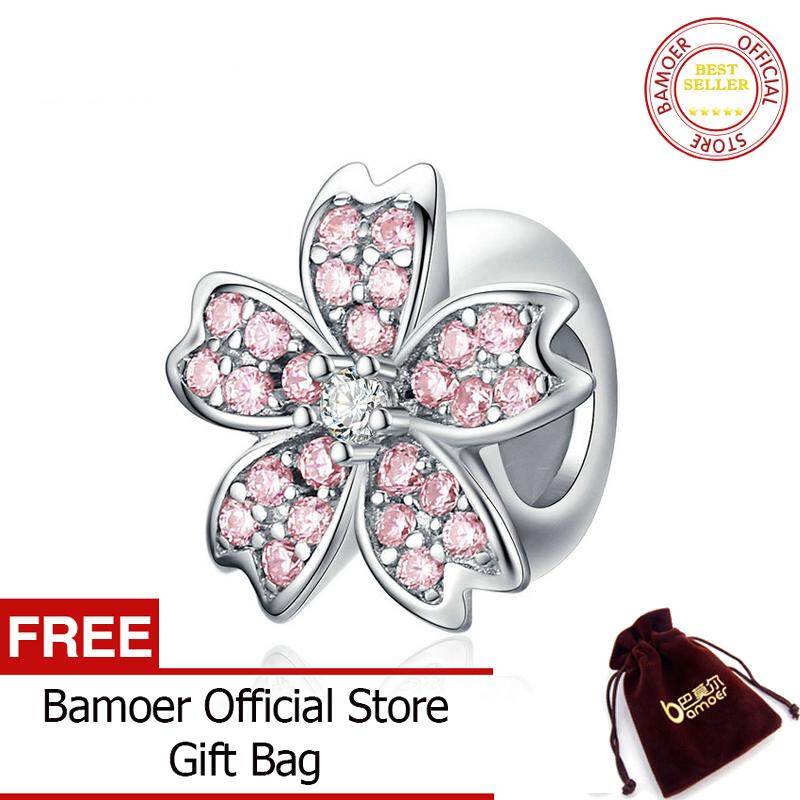 BAMOER Pink Cherry blossom Flower Charm Stopper for Women 925 Sterling Silver Charms Bracelet & Bangle European Jewelry SCC1291