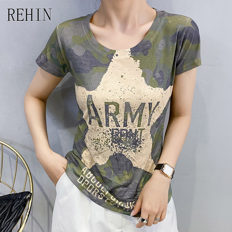 REHIN Printed short sleeve T-shirts slim fit European style women blouse summer new tops
