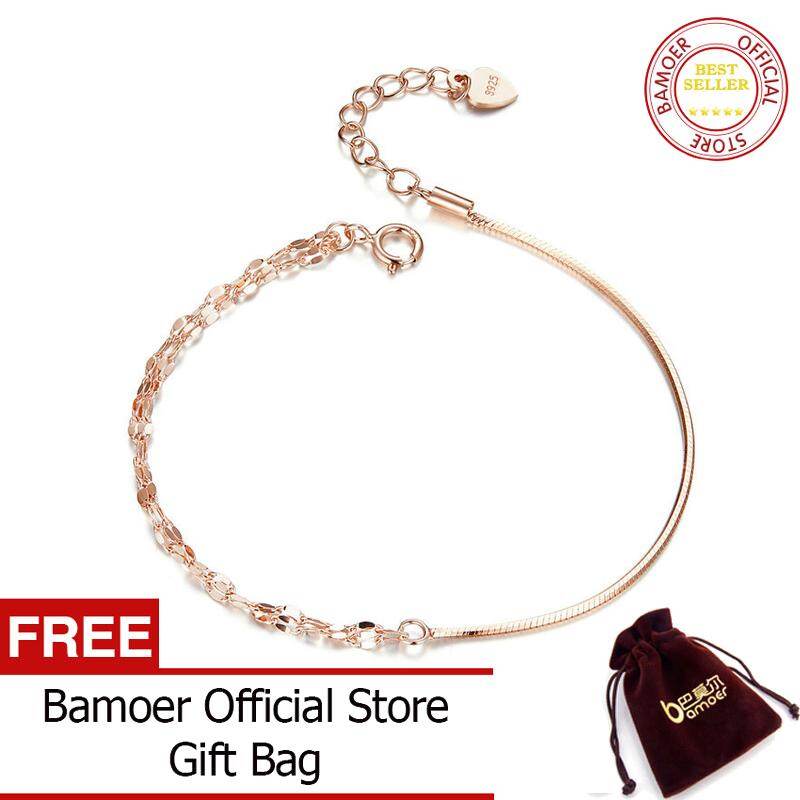 BAMOER Basic Rose Gold Color Silver Bracelet Cable Box Chain Lobster Lock Bracelets Sterling Silver Jewelry Match Joker SCB149