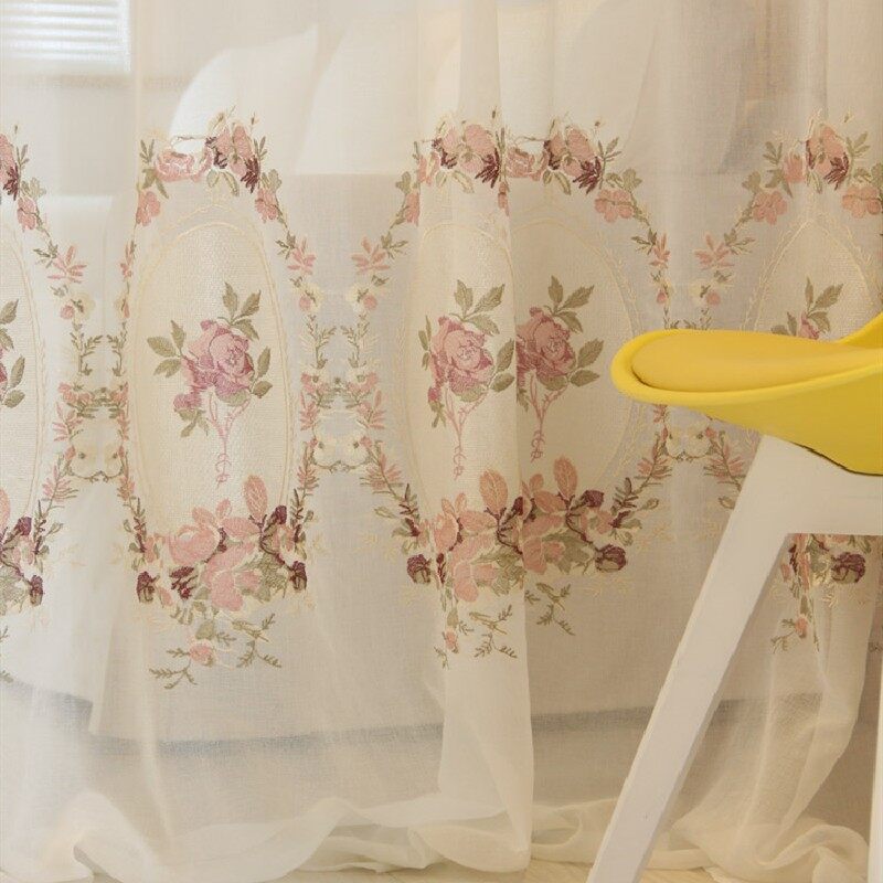 Rose Flower Embroidered Sheer Curtain European Curtain Window Tulle Pink Gauze Curtain Sliding Door Curtains