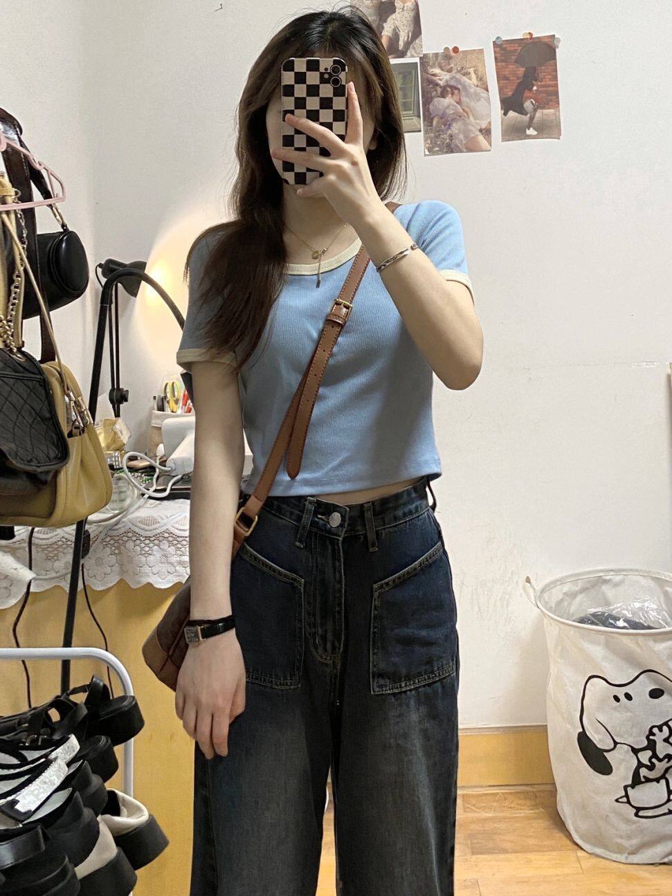 TAVIMART  -  Washed Vintage Fake Two-Piece Twist Waist Jeans for Women Street Style Straight Loose Wide-Leg Pants