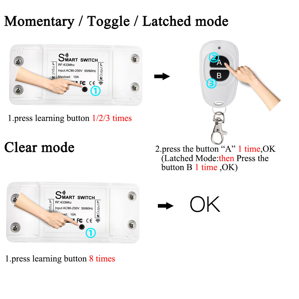 WenQia 433 MHz RF Universal Wireless Remote Control Switch AC 110V 220V 1CH Light Switch Relay Receiver Transmitter for Led Fan Lamp