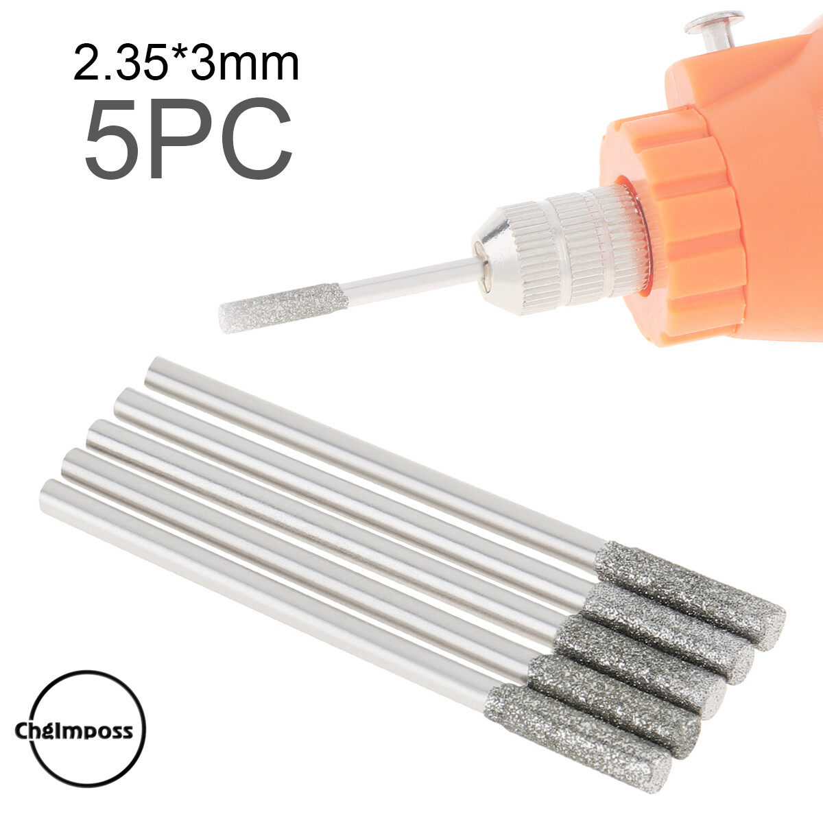 ChgImposs 5pcs/set 3mm/ 2.5mm/ 1.2mm/ 0.5mm Shank Handle Diamond Grinding Head Grinding Burr Drill Bits Sets Rotary Tool Electric Grinding Accessories for Jade Stone Carving Polishing