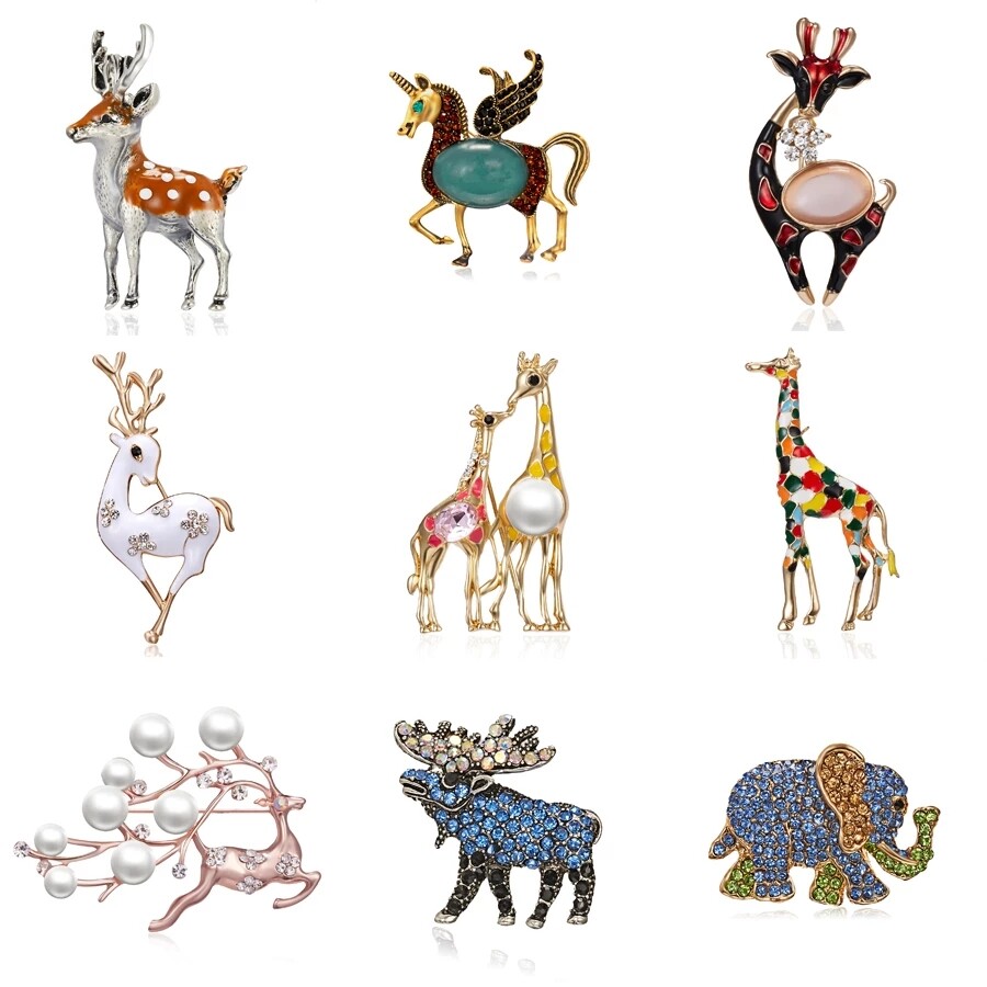 Enamel Elephant Horse Elk Deer Giraffe Brooch Pins Women Fashion Cartoon Brooch Men's Suit Coat Scarf Decor Banquet Jewelry
