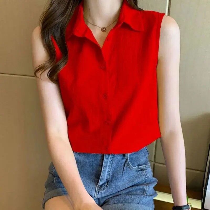 LAREINE Women's Shirt Korean Casual Style Chiffon Sleeveless Tops Fashion Plus Size White Shirt Basic Office Blouse