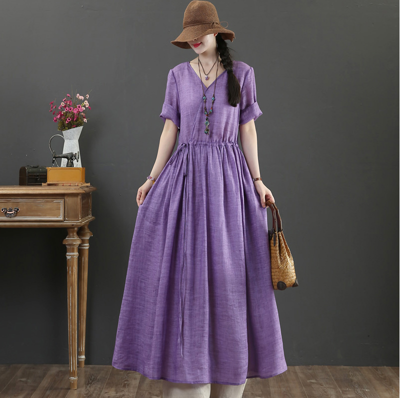Holidaylife new arrival thin light soft cotton linen v-neck loose cozy summer dress office lady work dress women travel casual dress oversized 4aq0118