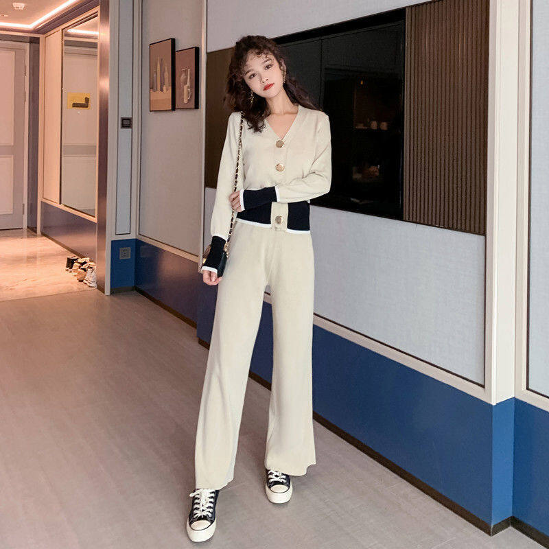 2023 New Korean Version Slim Slim Long Sleeve Cardigan Casual Wide-leg Pants Suit Pants Two Pieces Fashion Ladies Cardigan Pants Set for Women