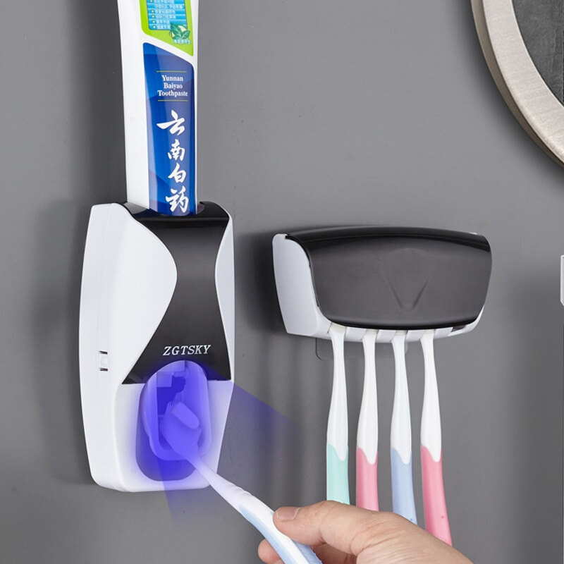 Automatic Toothpaste Dispenser Toothbrush Holder Set Dustproof Sticky Suction Bathroom Wall Mounted Toothpaste Squeezer