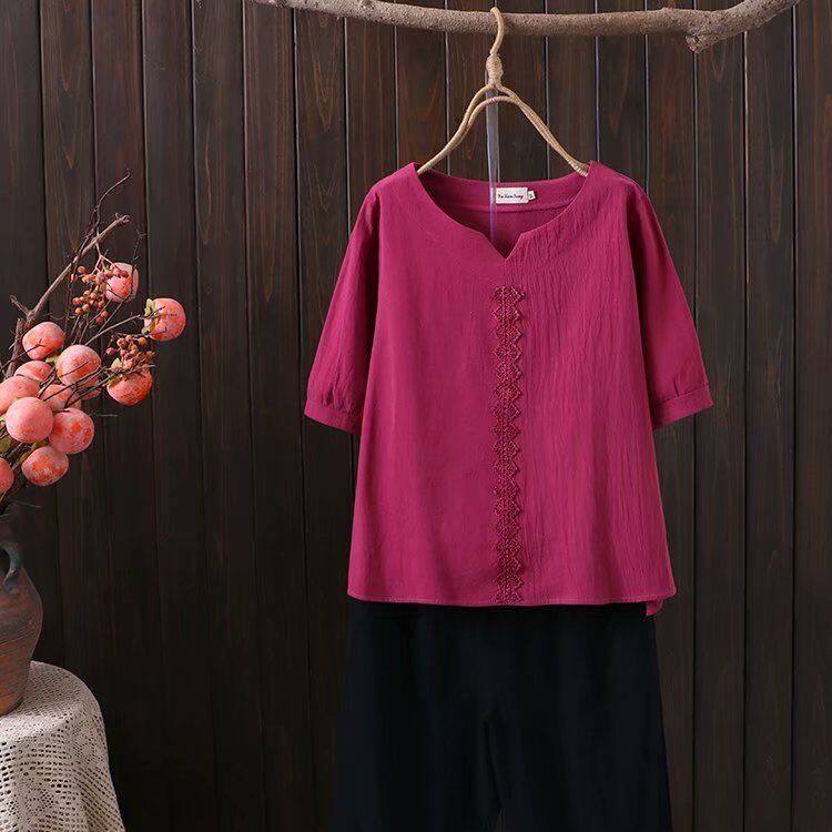 100% Cotton Linen Women's Shirt Summer New Large Short Sleeve T-shirt Women's Loose Cover Belly Show Thin Shirt
