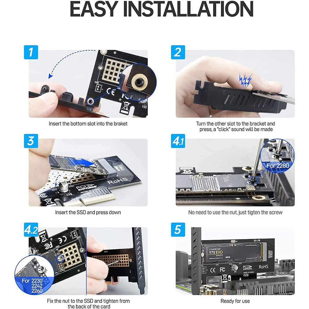 Jeyi PCIe để NVMe Adapter với nhôm SSD Tấm tản nhiệt làm mát, 64gbps M.2 SSD gen4 PCIe 4.0 x4 x8 X16 bo mạch mở rộng cho máy tính để bàn