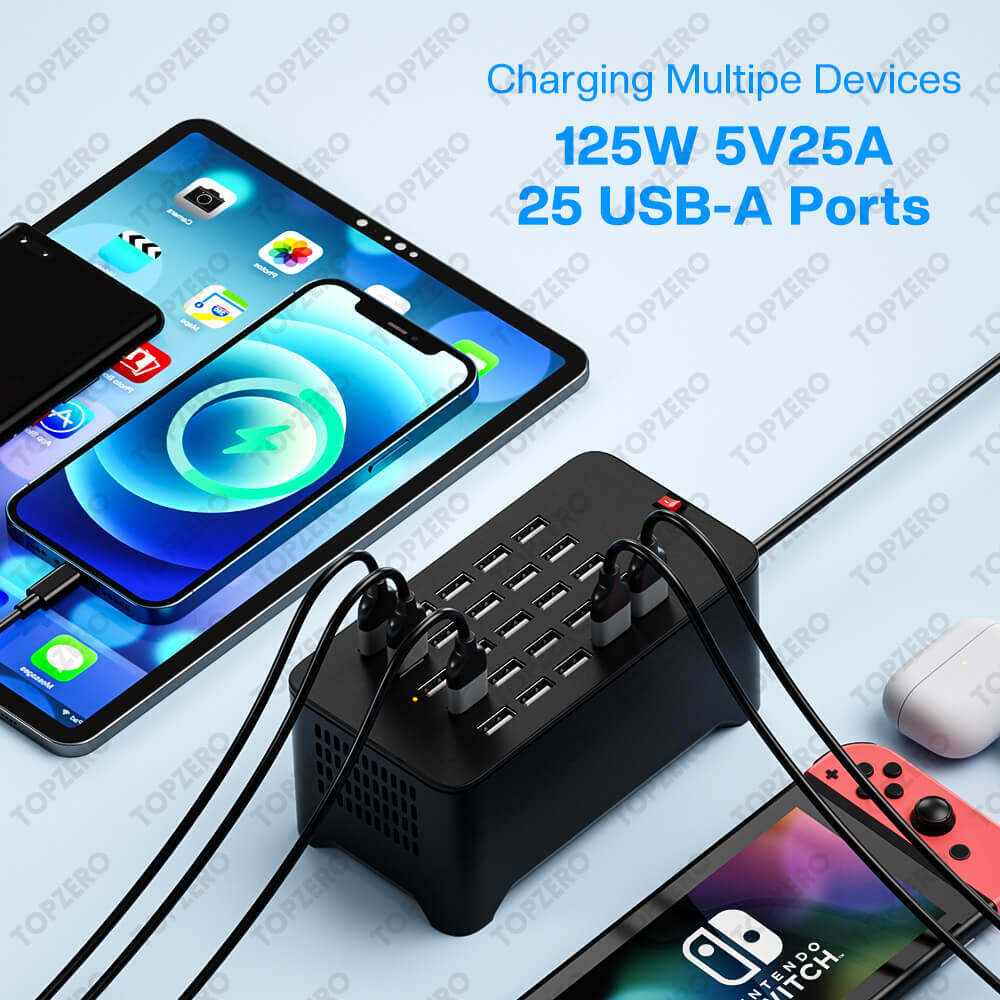 TOPZERO Bộ Sạc USB Đa Cổng 125W 10/15/20/25 Cho Bộ Chuyển Đổi Hub Sạc iPhone Ổ Cắm Trạm Sạc Điện Thoại Máy Tính Bảng Cho Xiaomi Huawei Samsung OPPO