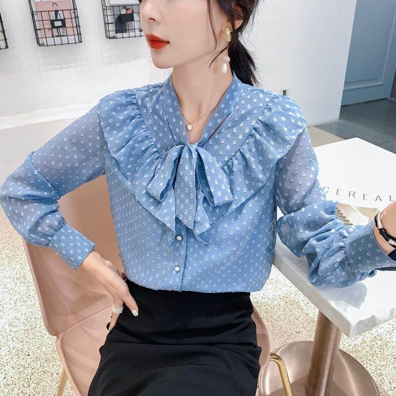 REHIN Women long sleeve shirt Korean version Ruffle splice Wave point chiffon blouse