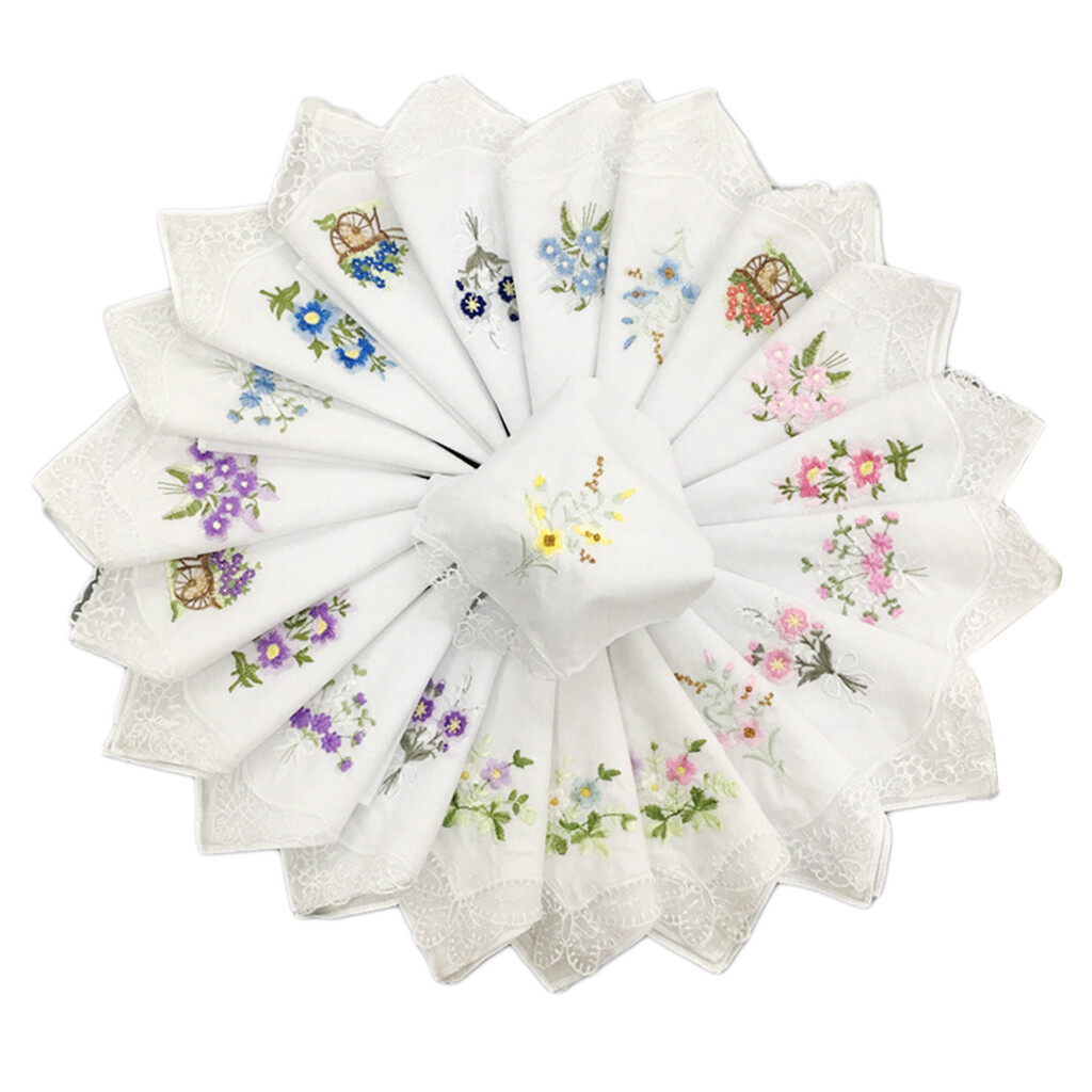 BNWEAR 12Set Cotton Floral Embroidered Hankie Kerchiefs Towel