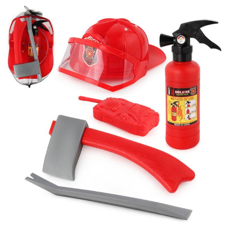 【Micheer】5pcs Children Firefighter Fireman Cosplay Toys Kit Helmet Fire Extinguisher Intercom Axe Wrench Best Gifts For Kids