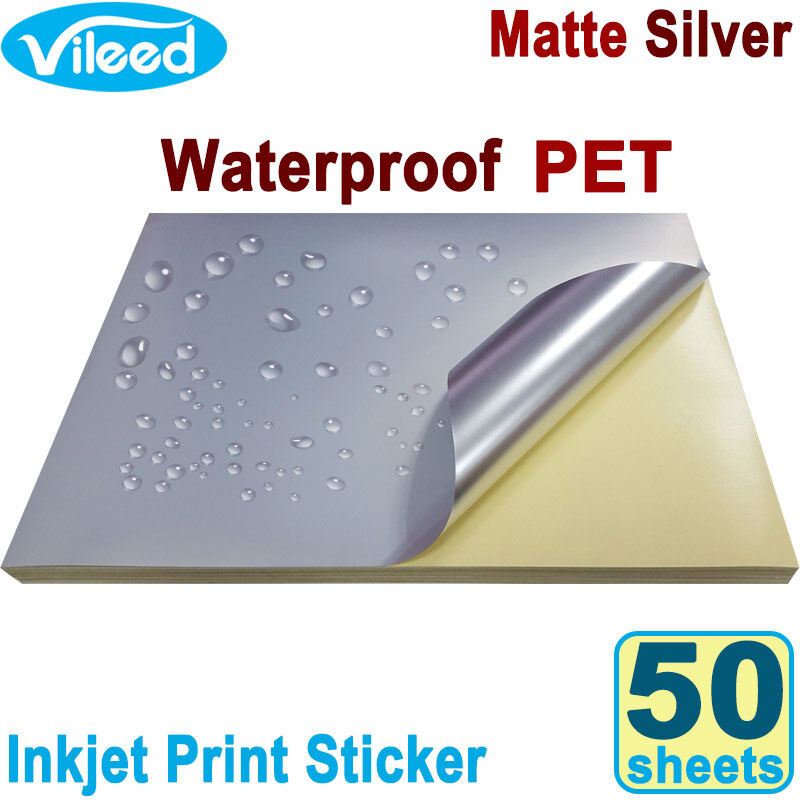 50 Sheets A4 Blank Printable Stickers 50μm Glossy Silver PET for Laser Printer 