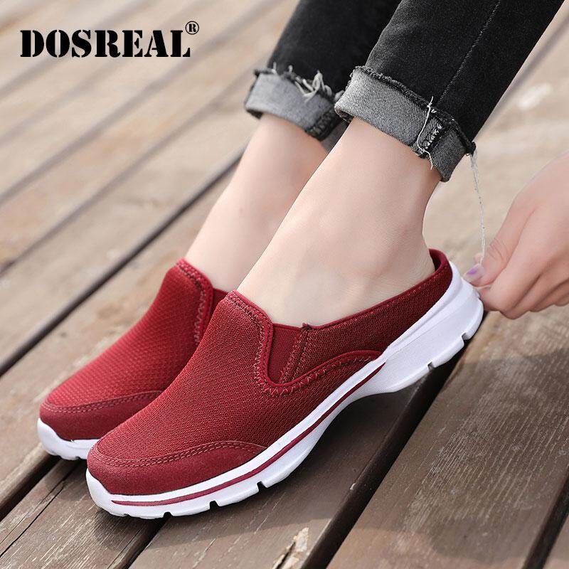 DOSREAL Sneakers Women Mesh Breathable Flat Bottom Slip On Half Slippers Casual Shoes Running Sport Shoes Big Size 35-42