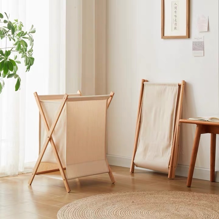 Collapsible Wood X-Frame Laundry Hamper with Fold Over Lid