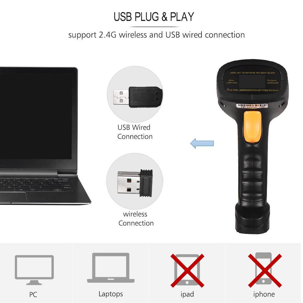 Aibecy 2-in-1 2.4G Wireless Barcode Scanner & USB Wired Barcode Scanner Handheld 1D Bar Code Scanner Reader Storage up to 120000 Bar Code with Rechargeable Battery Mini USB Receiver USB Cable for Computer Laptop