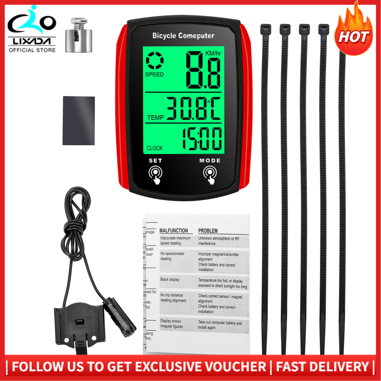 LIXADA Wired Bike Computer LED Digital Bicycle Speedometer Odometer Touchscreen Cycling Computer Waterproof with Backlight for Mountain Road Bike