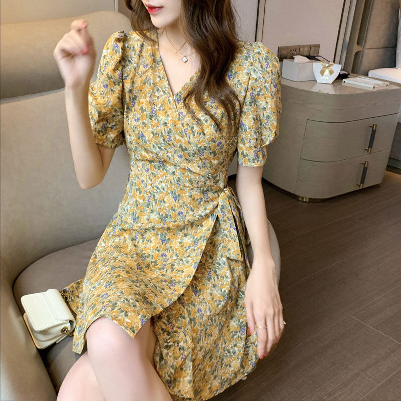 NI New floral dress vintage French was thin A-line skirt