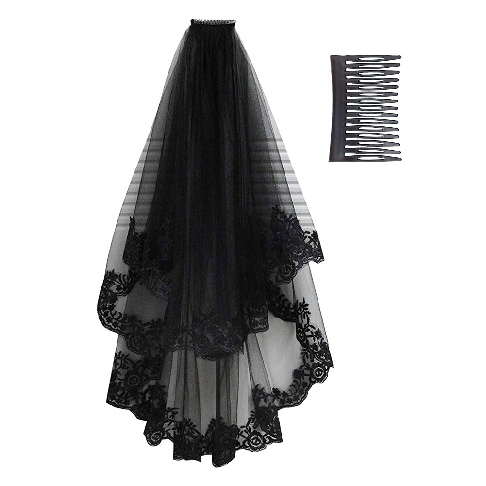 【Miss Lan】Black Wedding Veil Cathedral Hair Veil with Comb Lace Edge Two Layers Tulle Short Bridal Veil Wedding Accessories