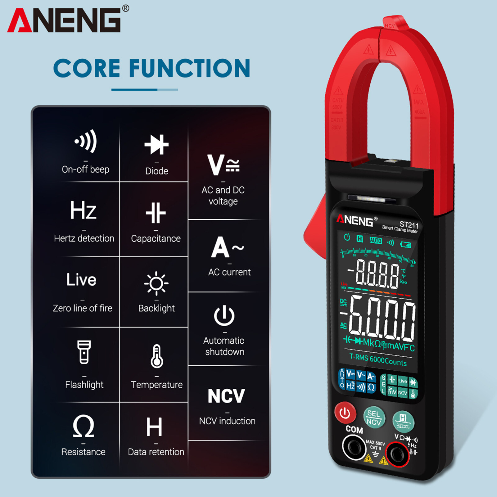 ANENG ST211 6000 Counts Digital AC Current Clamp Meter 400A Automatic
