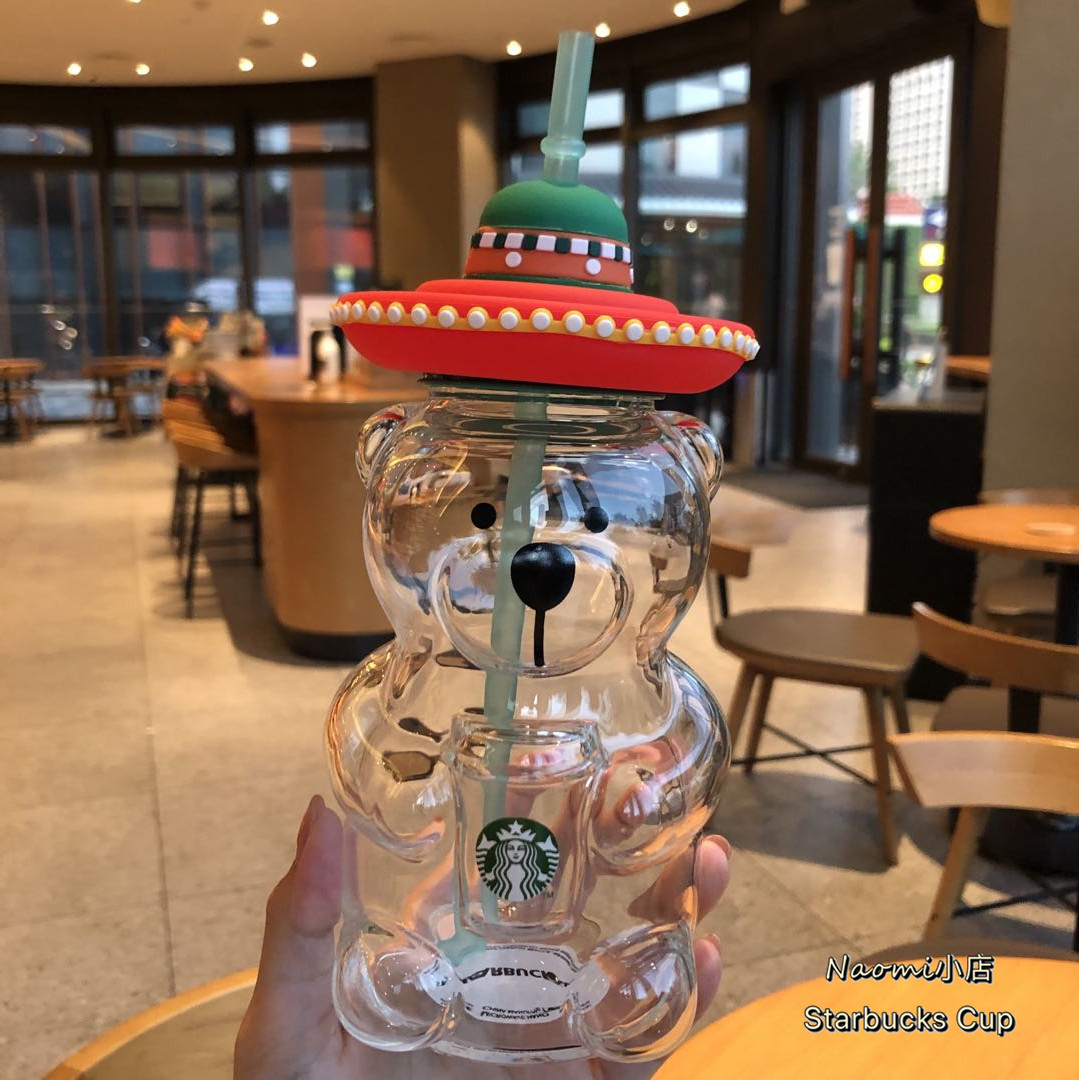 Starbuck Klamei bear shape glass drinking cup cold drink cup accompanying cup summer straw cup