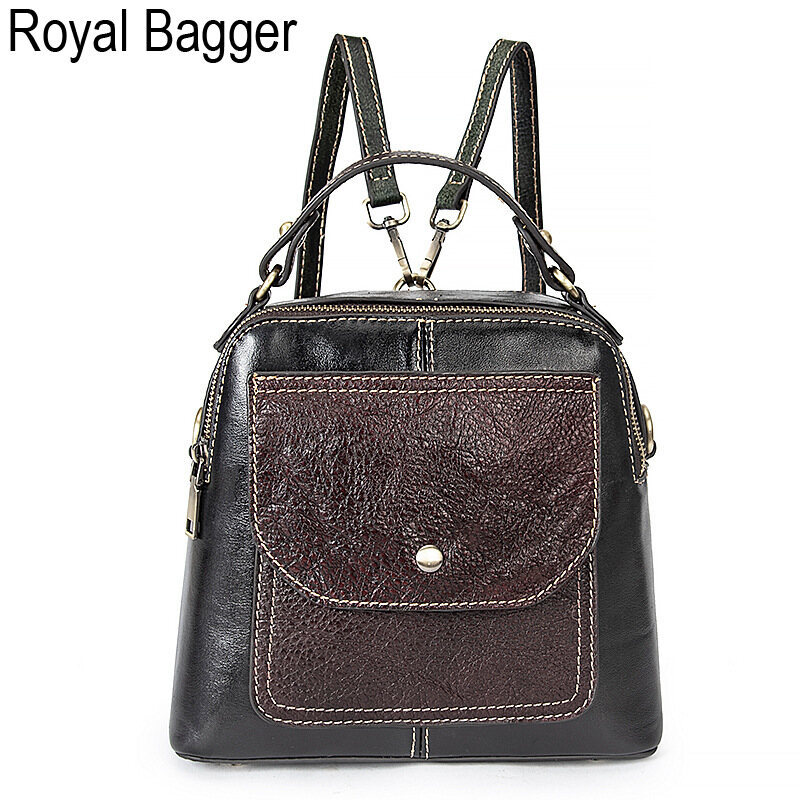 Royal Bagger New Fashion For Women Genuine Cow Leather Backpack Retro Elegant Handbag Large Capacity Shoulder Bag
