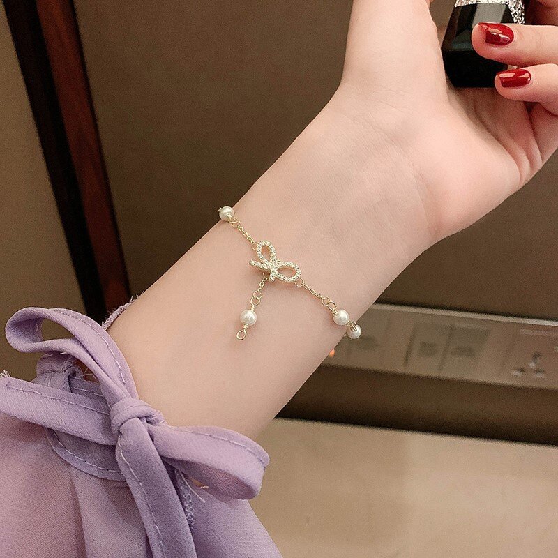 Vòng Tay Mặt Ngọc Trai Thắt Nơ Phong Cách Instagram Hàn Quốc Vòng Tay Kim Cương Giả Lấp Lánh Thanh Lịch Cho Phụ Nữ Quà Tặng Phụ Kiện Trang Sức