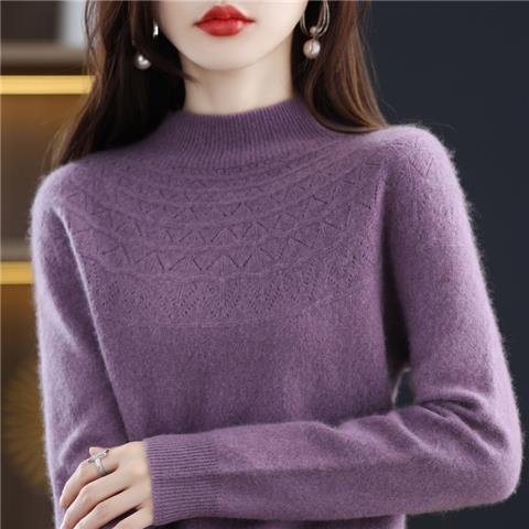 Hollow Out Solid Color Knitted Sweater Women's Half High Collar Loose Pullover Long Sleeved Sweater Korean Version Versatile Short Style Knitted Sweater Worn Inside and Outside