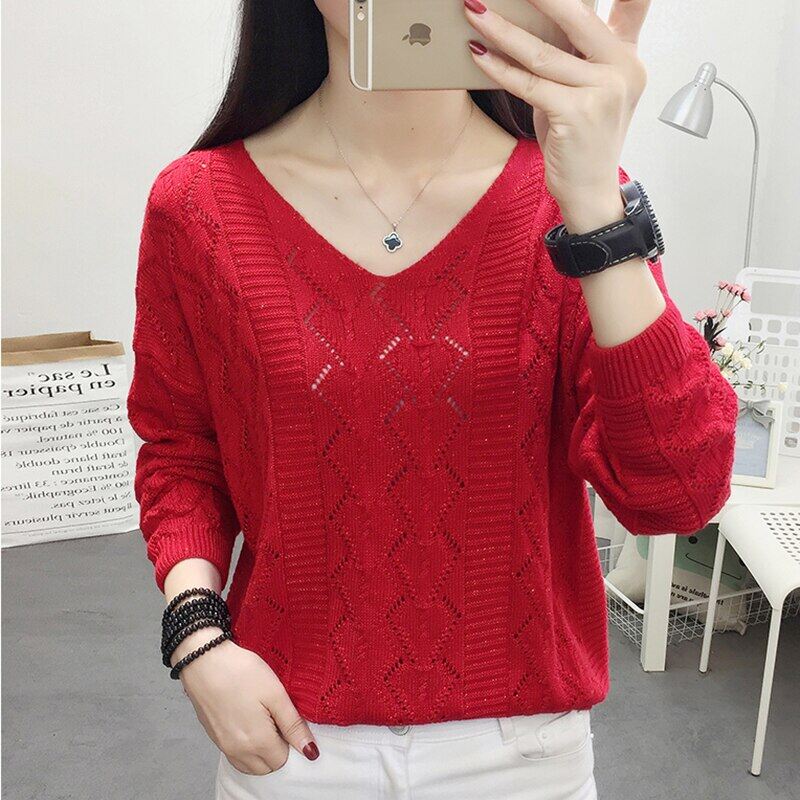 Spring Autumn 2021 Sweater Thin Hollow Ladies Long Sleeve v-Neck Sweater Pullover Casual Women Clothes Loose Top Femme