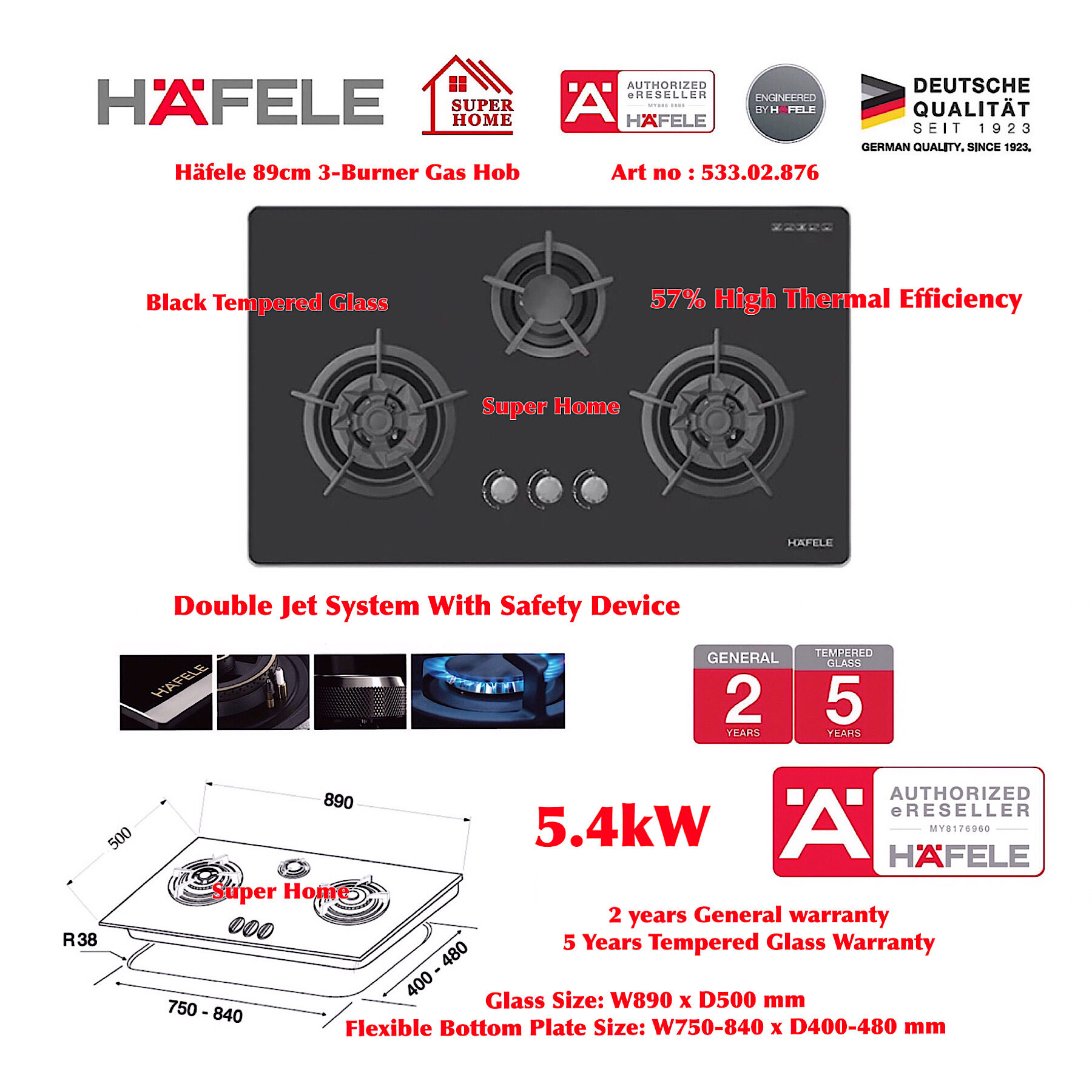 Hafele Gas Hob 3Burner 89cm Builtin Gas Hob With Safety Device 533.02.876 (5.4kW) Lazada