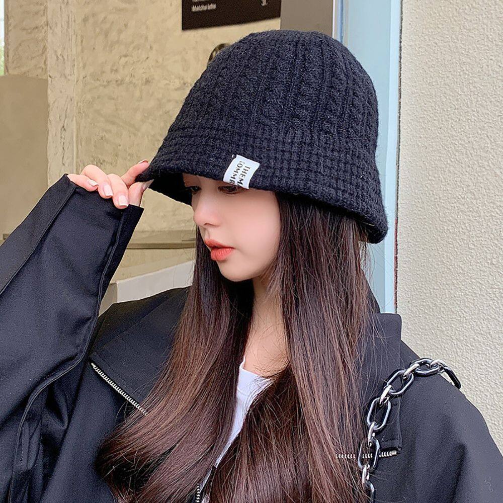 ALICE XU Sweet Trendy Bonnet Female Solid Color Big Head Circumference Wool Beanie Hat Knitted Hat Fisherman Hat Warm Cap
