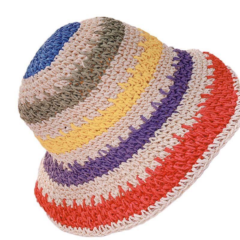 Women Girls Summer Crochet Woven Straw Sun Hat Bright Rainbow Colorful Stripes Wide Brim Sunscreen Packable Bucket Cap