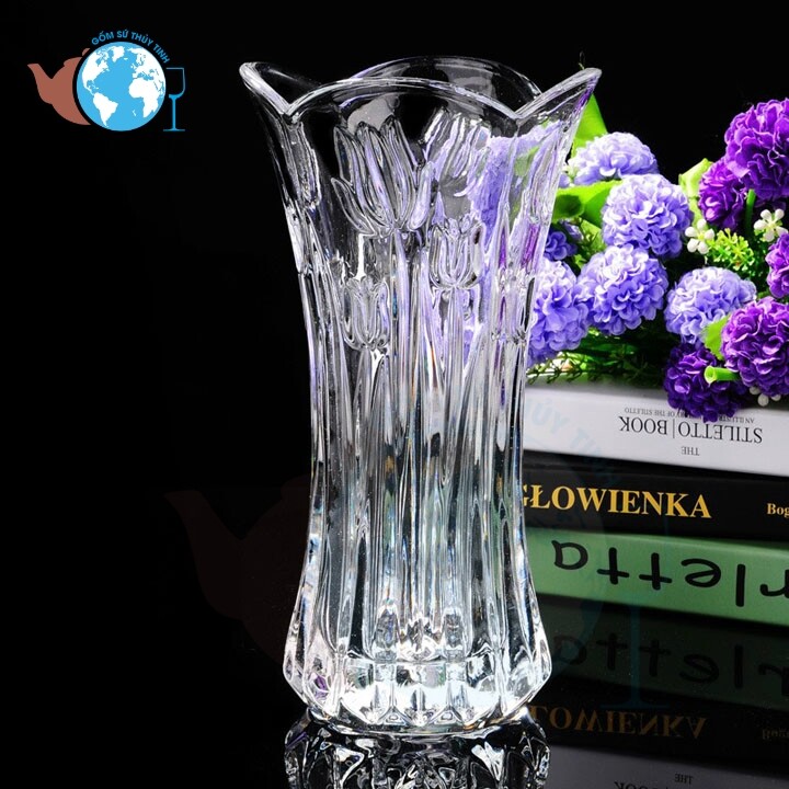 Bình bông lọ hoa thủy tinh cao 30cm trắng trong họa tiết ngẫu nhiên