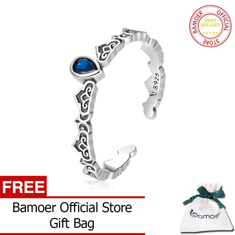 BAMOER 925 Sterling Silver Vintage pattern ring-water-drop Blue CZ Adjustable Ring For Women Fashion Jewelry SCR767
