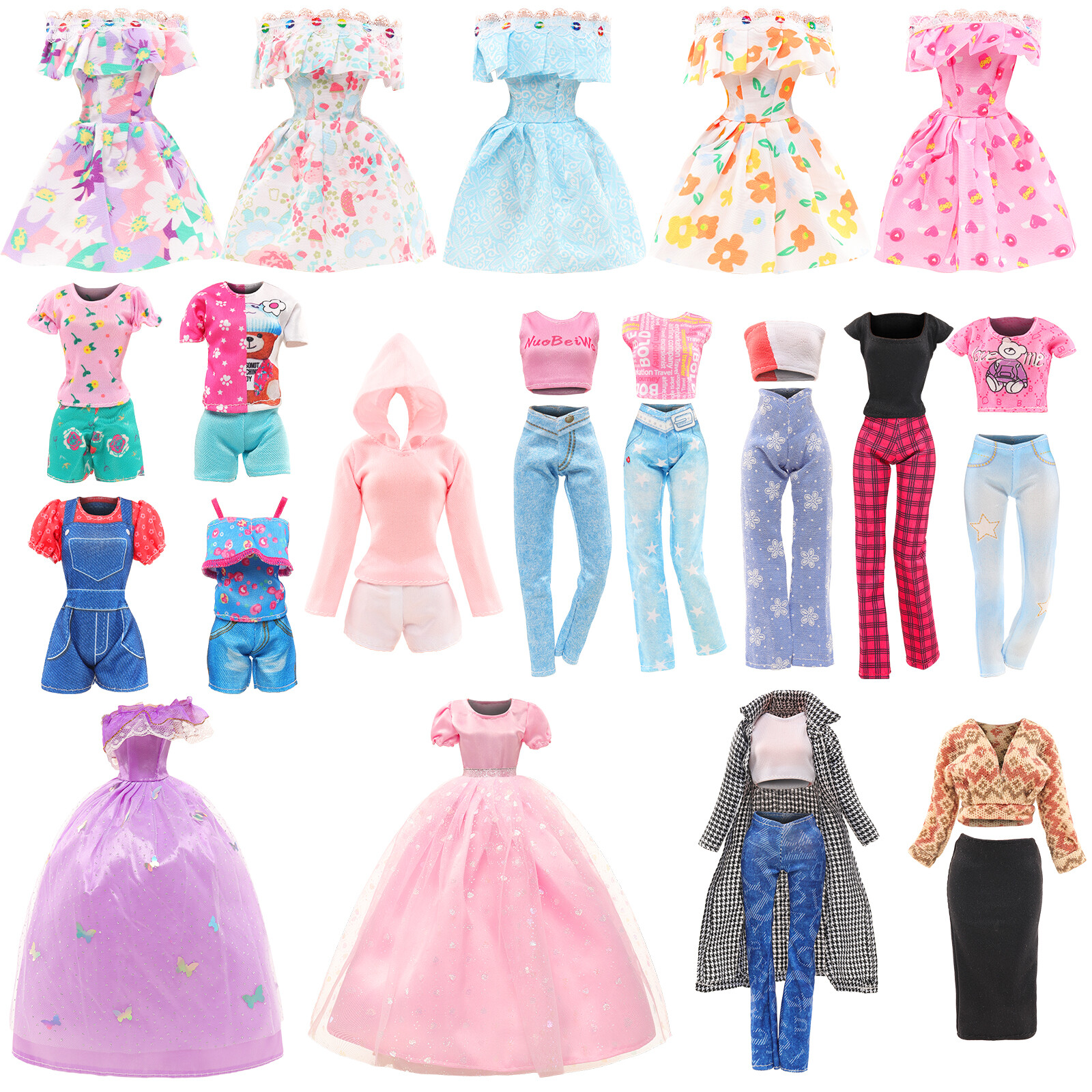 Barwa 18 Pcs Fashion Barbie Doll Clothes and Accessories=Fixed 2 Sets of Autumn Clothing Sets+2 Large Dress+3 Pieces of Floral Dress+2 Sets of Tops and Pants+2 Sets of Tops and Shorts