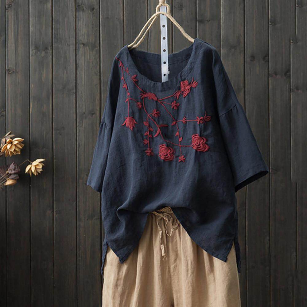 YADING SHOP Women's Cotton linen Embroidered Flower Round Neck Short
