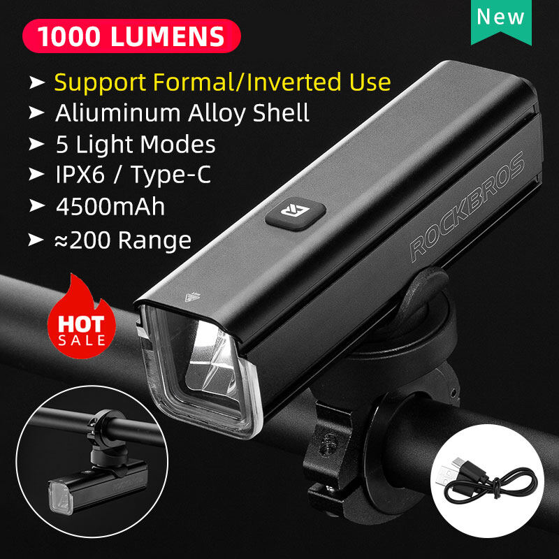 Rockbros 1000 lumens bicycle light mtb road bike led headlight usb rechargeable flashlight lantern 4800 mah cycling accessories